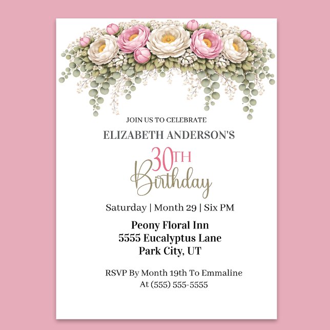 Pretty Pink and White Peony 30th Birthday Invitation (Elegant pink peony floral 30th birthday invitation)