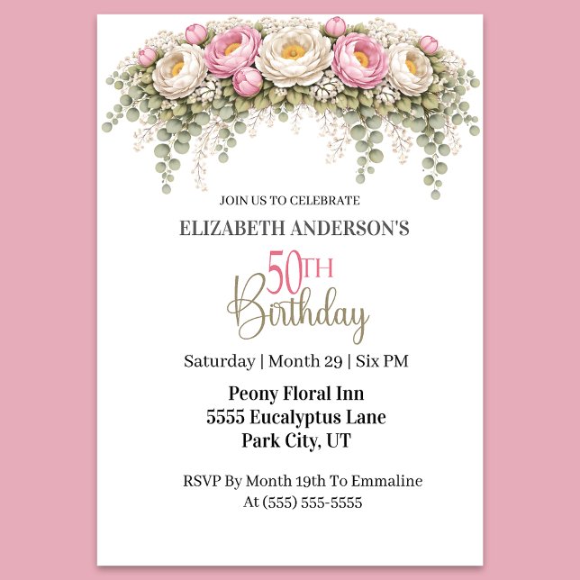 Pretty Pink and White Peony 50th Birthday Invitation (Elegant pink and ivory peony floral 50th birthday party invitation )