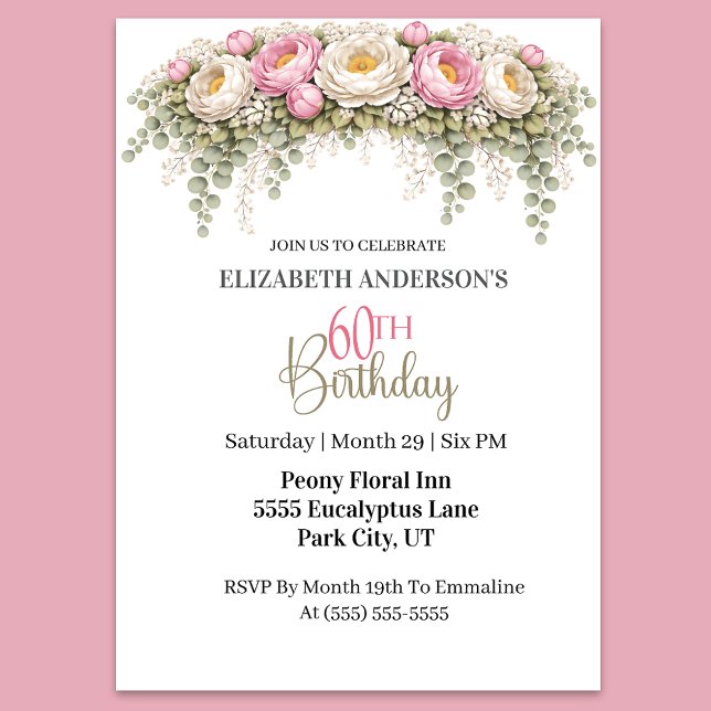 Pretty Pink and White Peony 60th Birthday Invitation (Elegant pink peony and eucalyptus floral 60th birthday invitation)