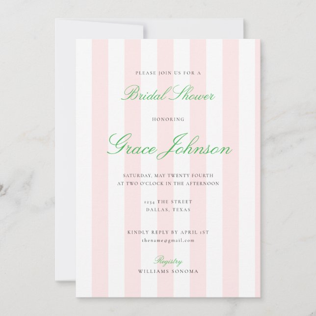 Pretty Pink and White Stripe Wedding Bridal Shower Invitation (Front)
