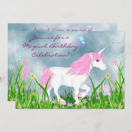 Pretty Pink and White Unicorn Magical Birthday Invitation