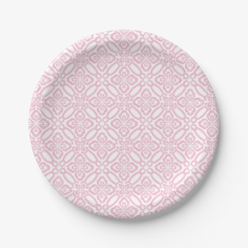 Pretty Pink And White Vintage Tile Print Paper Plates