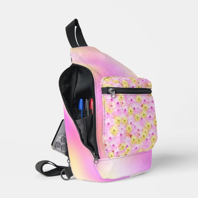 PRETTY PINK AND YELLOW DAISY FLOWERS WITH OMBRE  SLING BAG (Open)