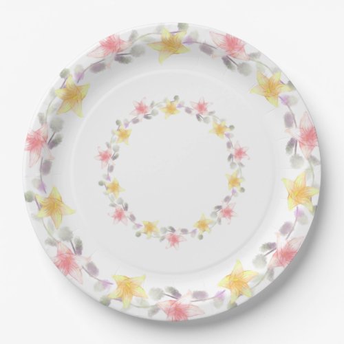 Pretty Pink and Yellow Lily Floral Party Paper Plates