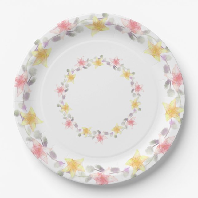 Pretty Pink and Yellow Lily Floral Party Paper Plates (Front)