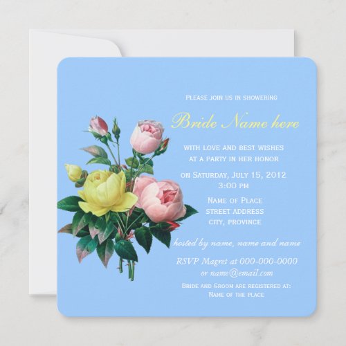 pretty pink and yellow rose flowers bridal shower invitation