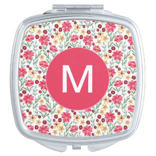 Pretty Pink and Yellow Vintage Floral Monogram Compact Mirror