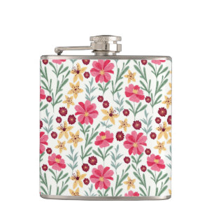 Pretty Pink and Yellow Vintage Floral Pattern Flask