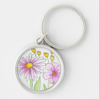 Pretty Pink and Yellow Watercolor Flowers Keychain