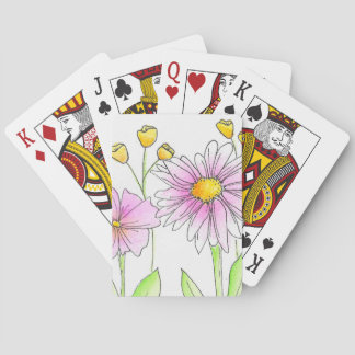 Pretty Pink and Yellow Watercolor Flowers Poker Cards