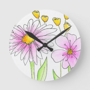 Pretty Pink and Yellow Watercolor Flowers Round Clock