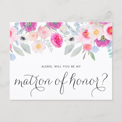 Pretty Pink Anemone Will You Be My Matron of Honor Invitation Postcard