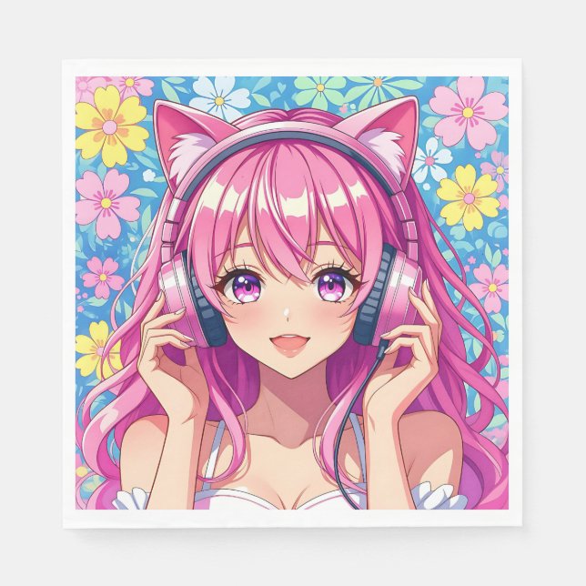 Pretty Pink Anime Girl's Birthday Party Napkins (Front)