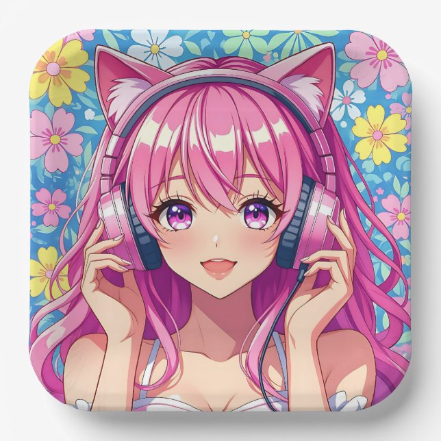 Pretty Pink Anime Girl's Birthday Party Paper Plates (Front)