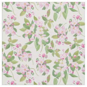 Pretty Pink Apple Blossom on White Background Fabric