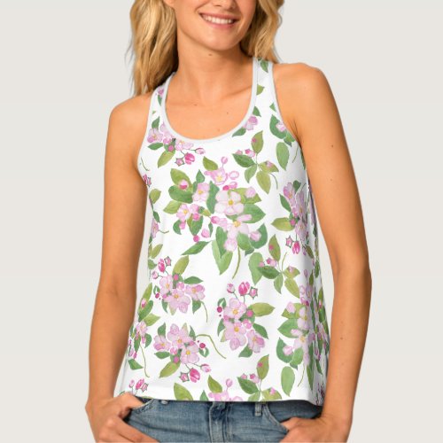 Pretty Pink Apple Blossom Pattern on White Tank Top