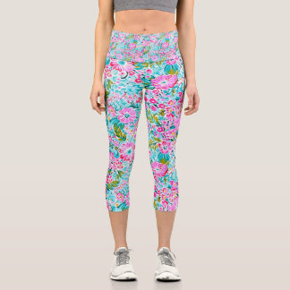 Pretty Pink Aqua Blue Chic Trendy Pastel Floral  Capri Leggings