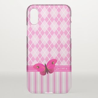Pretty Pink Argyle and Stripes Butterfly Girly iPhone X Case