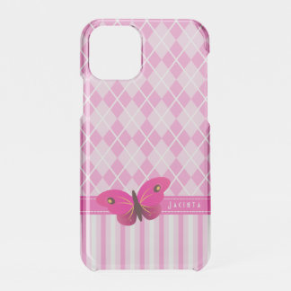 Pretty Pink Argyle and Stripes Butterfly Girly iPhone 11 Pro Case