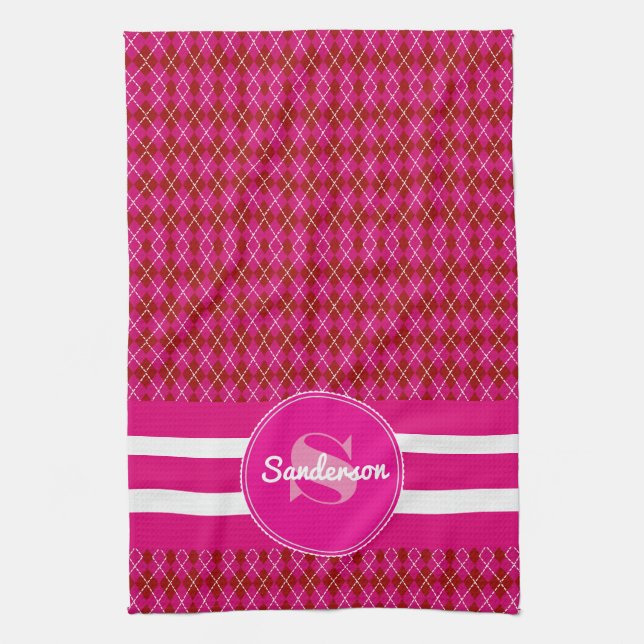 Pretty Pink Argyle w/Name Golf or Kitchen Towel (Vertical)