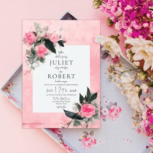 Pretty Pink Artsy Watercolor Floral Spring Wedding Invitation