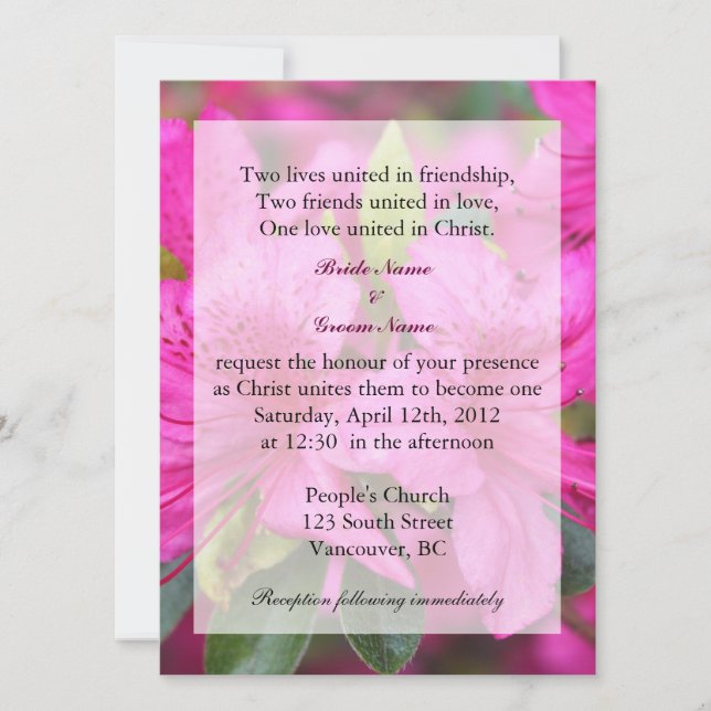 pretty pink azalea flowers Christian wedding invit Invitation (Front)