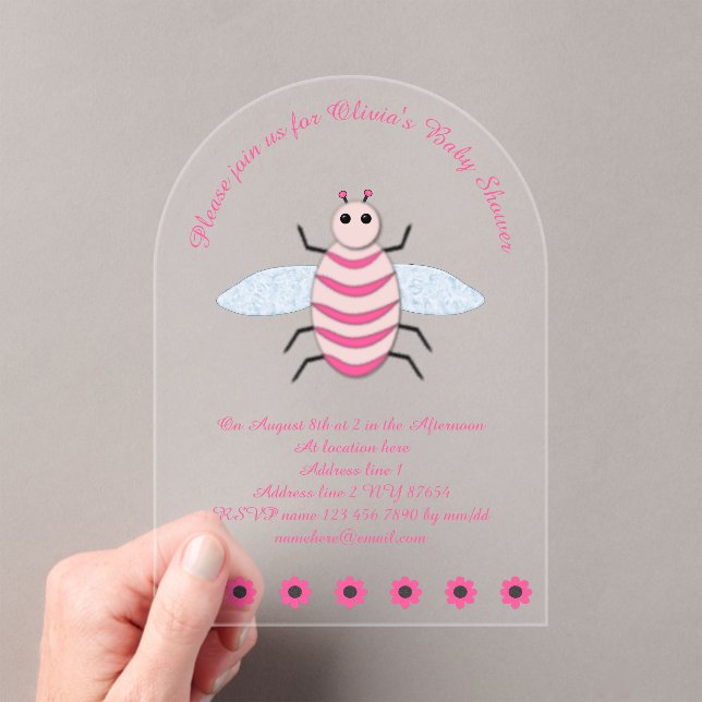 Pretty Pink Baby Girl Bee Custom Baby Shower Acrylic Invitations (Insitu (Handheld))