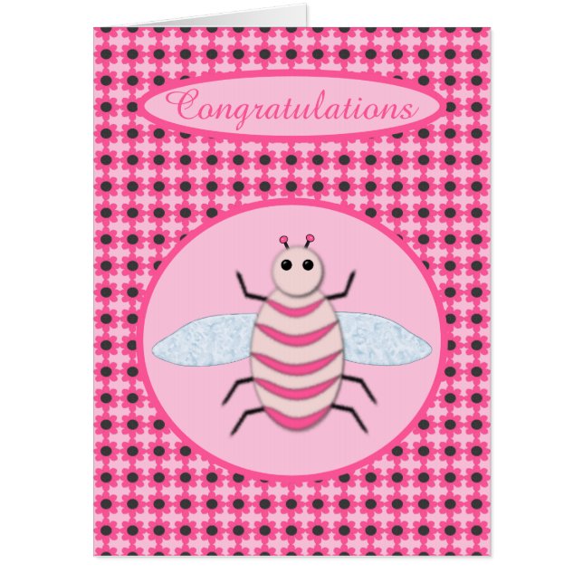 Pretty Pink Baby Girl Bee Custom Congratulations Card (Front)