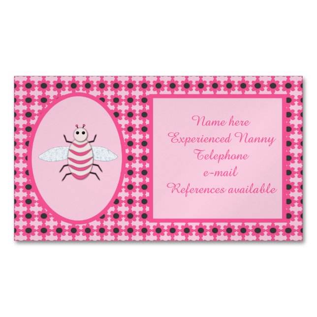 Pretty Pink Baby Girl Bee Custom Nanny Business Card Magnet (Front)