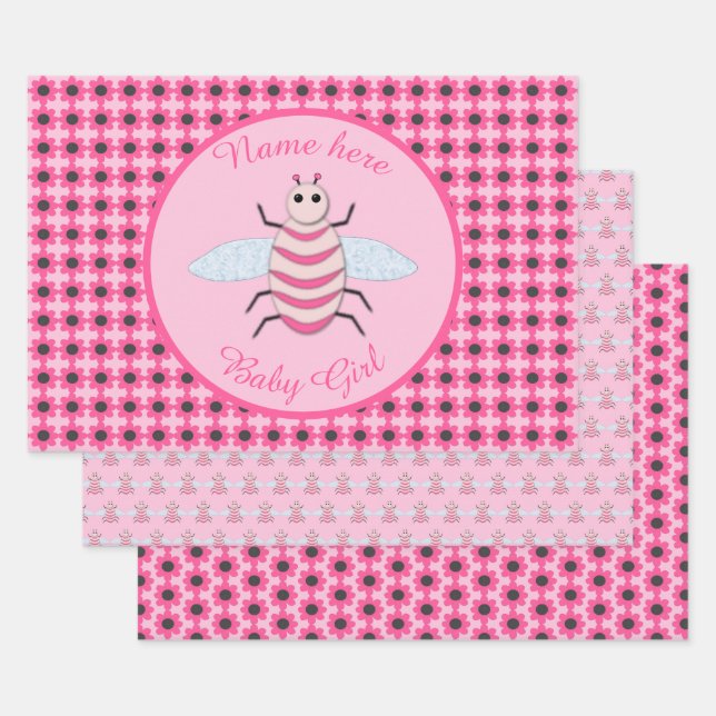 Pretty Pink Baby Girl Bee Custom Wrapping Paper Sheets (Set)