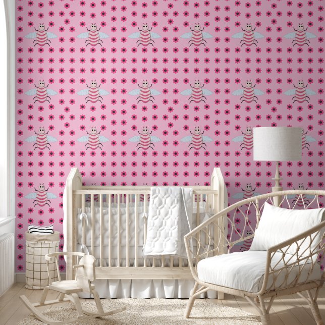 Pretty Pink Baby Girl Bee Patterned Wallpaper (Kids)