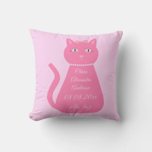 Pretty Pink Baby Girl Cat Birth Announcement Throw Pillow