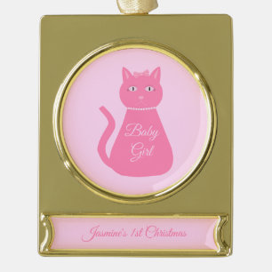 Pretty Pink Baby Girl Cat Custom 1st Christmas Gold Plated Banner Ornament