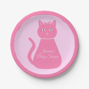 Pretty Pink Baby Girl Cat Custom Baby Shower Paper Plates