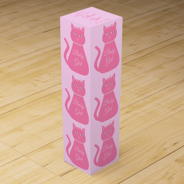 Pretty Pink Baby Girl Cat Custom Baby Shower Wine Box (Front)