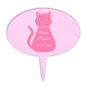 Pretty Pink Baby Girl Cat Custom Baptism Cake Topper