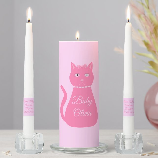 Pretty Pink Baby Girl Cat Custom Baptism Unity Candle Set (In Situ)