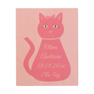 Pretty Pink Baby Girl Cat Custom Birth Celebration Wood Wall Art
