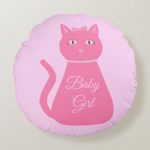 Pretty Pink Baby Girl Cat Custom Birth Round Pillow