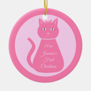 Pretty Pink Baby Girl Cat Custom First Christmas Ceramic Ornament