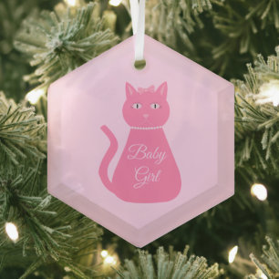 Pretty Pink Baby Girl Cat Custom First Christmas Glass Ornament