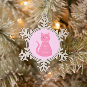 Pretty Pink Baby Girl Cat Custom First Christmas Snowflake Pewter Christmas Ornament