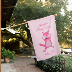 Pretty Pink Baby Girl Fox Baby Shower Custom House Flag
