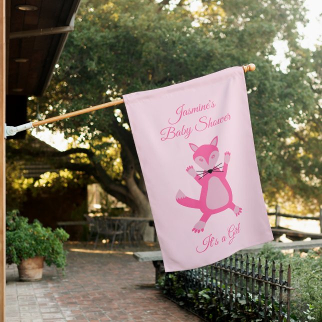Pretty Pink Baby Girl Fox Baby Shower Custom House Flag (In SItu)