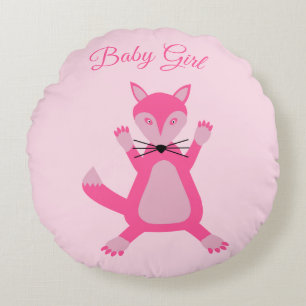 Pretty Pink Baby Girl Fox Birth Announcement Round Pillow