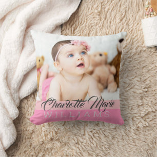 Pretty Pink Baby Girl Keepsake Birth Stats Photo Throw Pillow