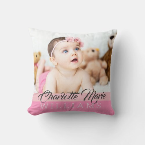 Pretty Pink Baby Girl Keepsake Birth Stats Photo Throw Pillow