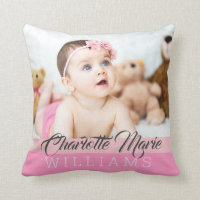 Pretty Pink Baby Girl Keepsake Birth Stats Photo Throw Pillow