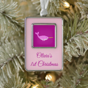 Pretty Pink Baby Girl Narwhal 1st Christmas Custom Ornament