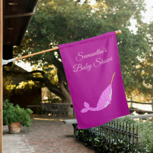 Pretty Pink Baby Girl Narwhal Baby Shower Custom House Flag